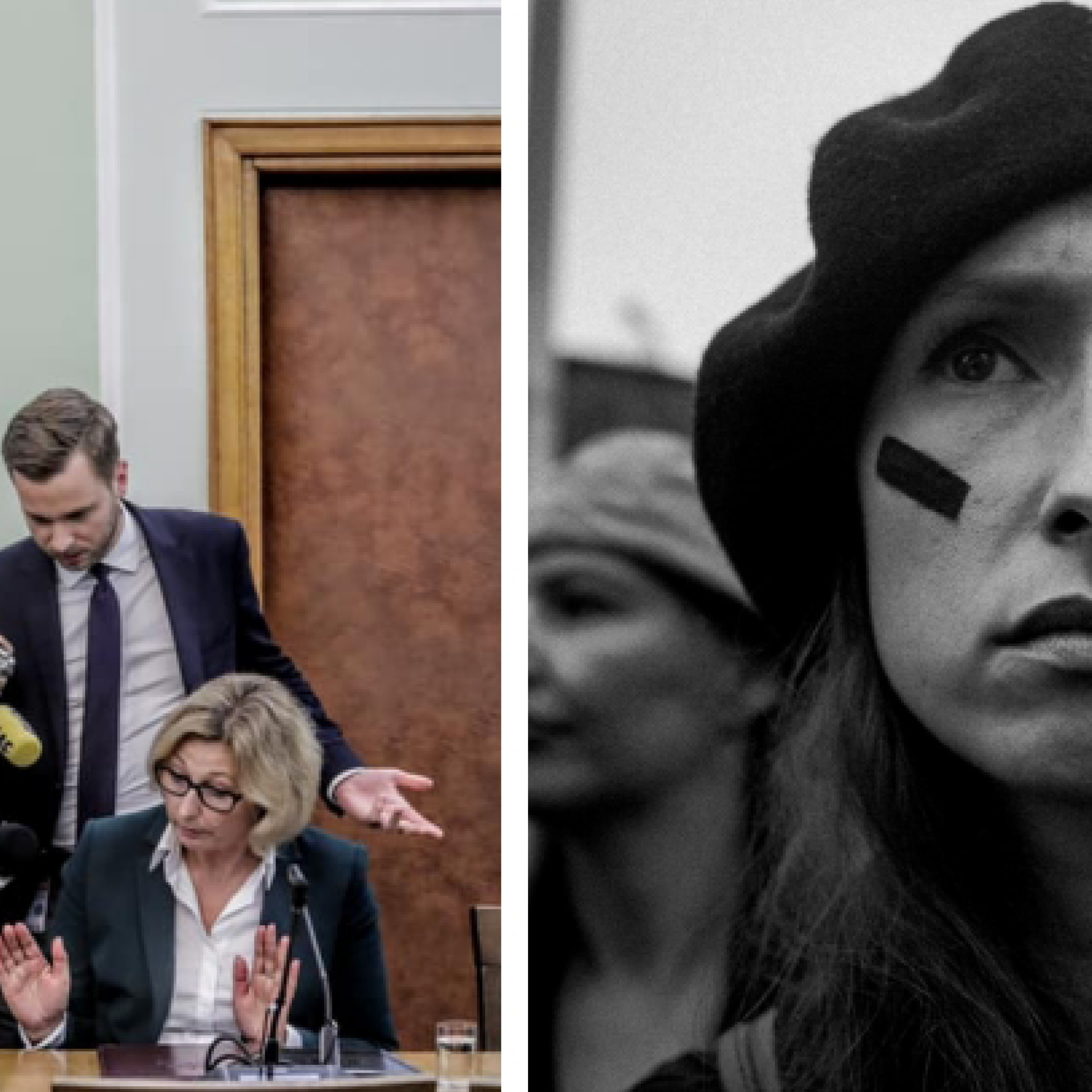 Grafika przedstawia dwa zdjęcia. Pierwsze, kolorowe, reporterskie przedstawia dużą grupę fotografów, ich aparaty skierowane są na kobietę, blondynkę, w średnim wieku, pełniącą funkcję publiczną. Drugie, dokumentalne, czarno-białe przedstawia portret kobiety w średnim wieku, w czarnym berecie, i długimi włosami, o poważnym wyrazie twarzy, na policzkach ma umieszczone dwie czarne, skośne linie. 