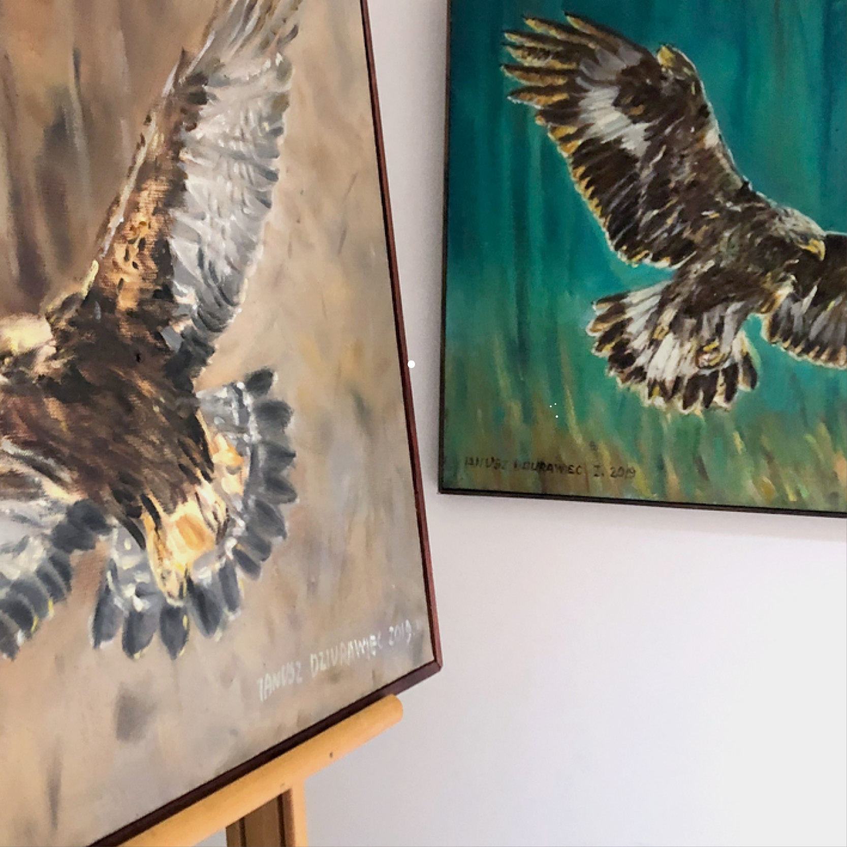 Grafika przedstawia fragment przestrzeni Galerii a w nim obrazy przedstawiajające orły.