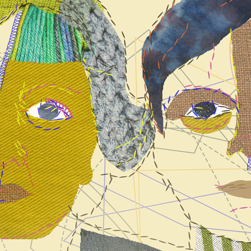 Grafika przestawia obraz wykonany w technice wyszywania, zobrazowne są dwie twarze.