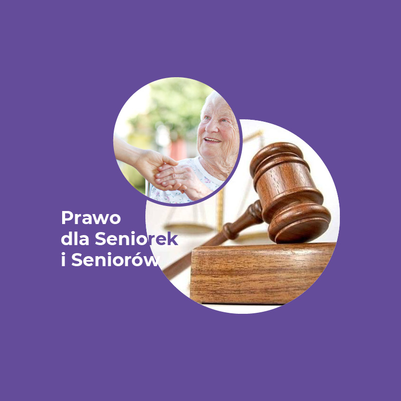 Baner przedstwia uśmiechnięta kobietę o siwych włosach, oraz młotek sędziowski.