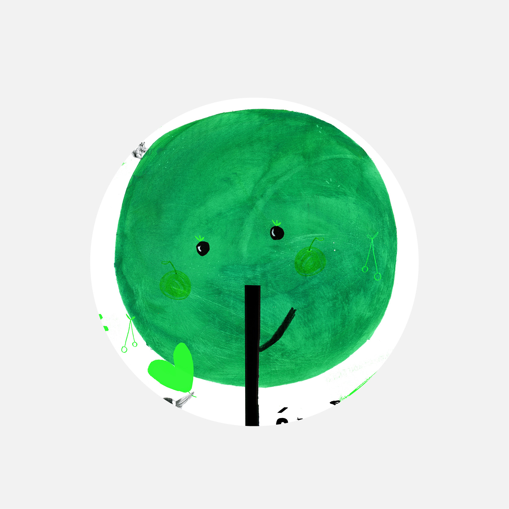 Obraz zielonego narysowanego drzewka z uśmiechem w koronie.