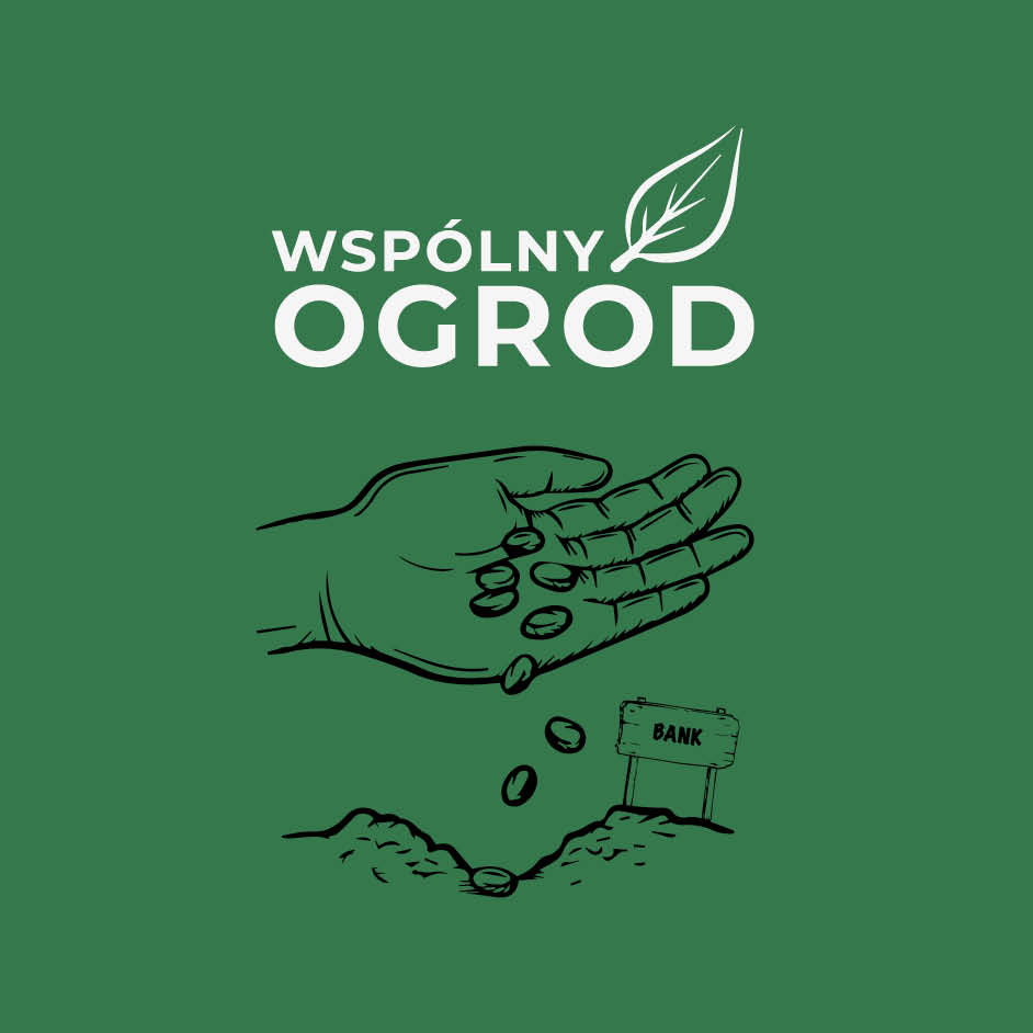 Grafika, rysunek ręki wsypującej nasiona do gleby, oraz logo Wsólny Ogród