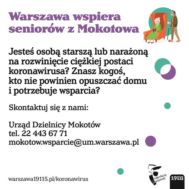 Baner z tekstem "Waszawa wspiera seniorów z Mokotowa"