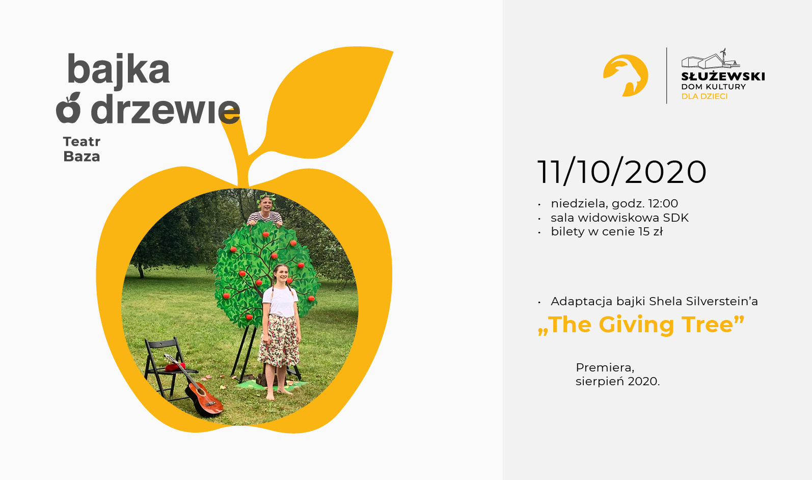 Grafika przedstawia baner reklamujący przedstwienie, na nim zdjęcie dwóch aktorów w plenerze, skromna scenografia papierowego drzewa, stoi krzesło o które opiera się gitara.