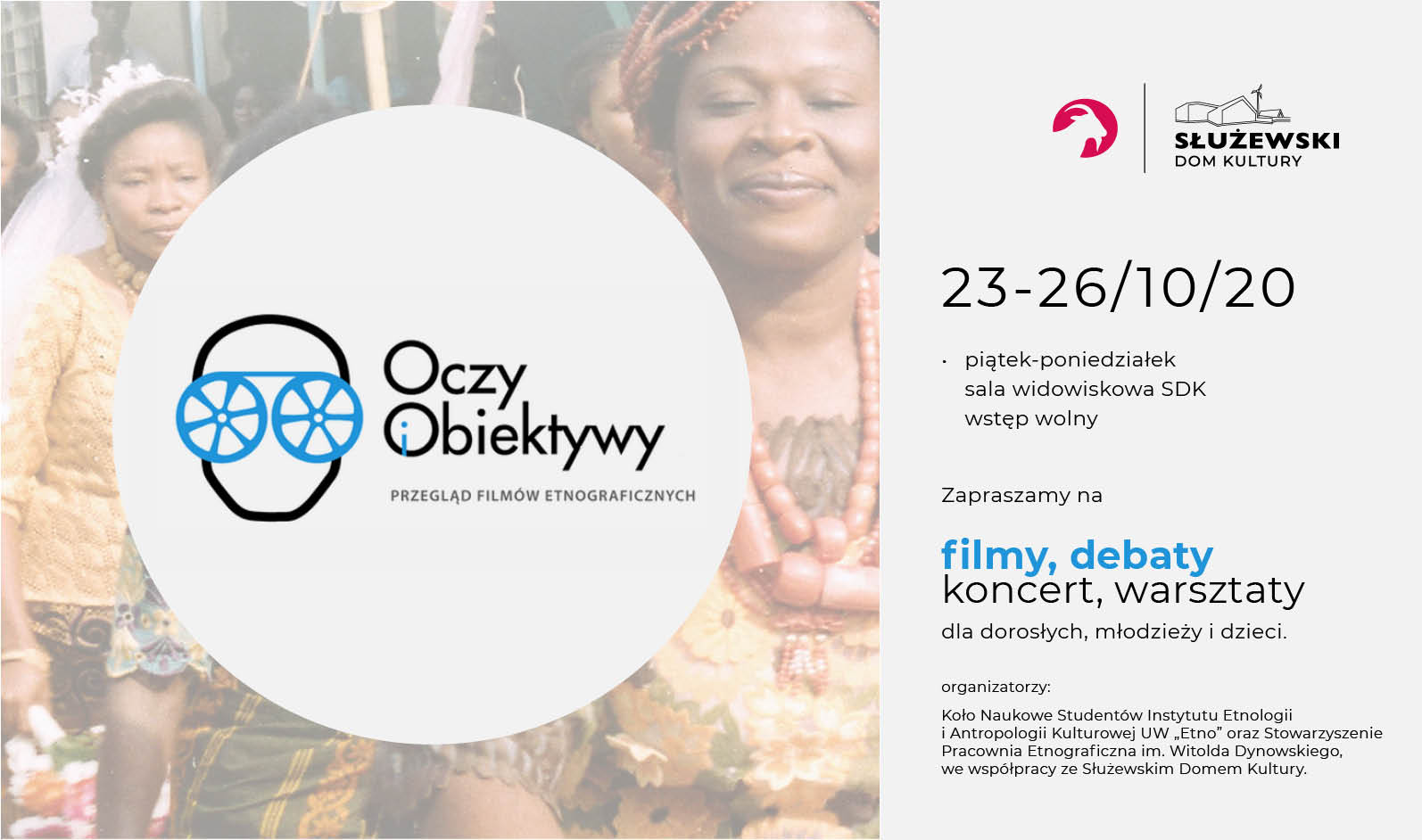 Baner promujący wydarzenie Oczy i Obiektywy w SK, przedstawia grupę czarnoskórych kobiet, logotypy i tekst informacyjny.