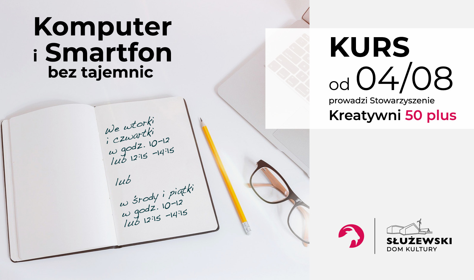 Grafika przedstawia ilustrcję do kursu komputerowego. Znajdują się na niej czarne napisy informcyjne oraz w tle komputer, okulary i ołówek.