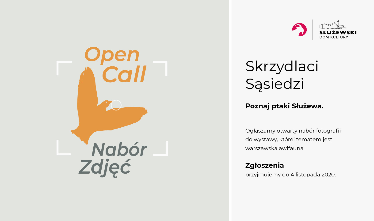 Grafika przedstwia baner reklamujący Open Call, na którym znajduje się wizerunek ptaka w kolorze pomarańczowym.