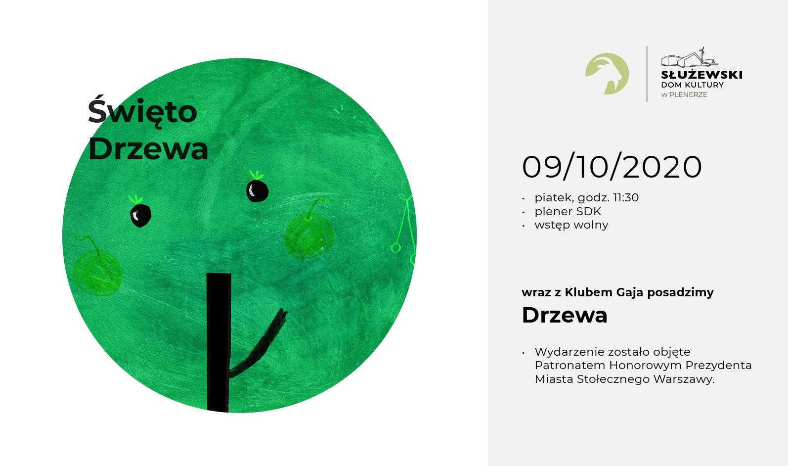 Grafika przedstawia baner, znak graficzny drzewa i napis Święto Drzewa wraz z podstawowymi informacjami o wydarzeniu, takimi jak data, miejsce i godzina.