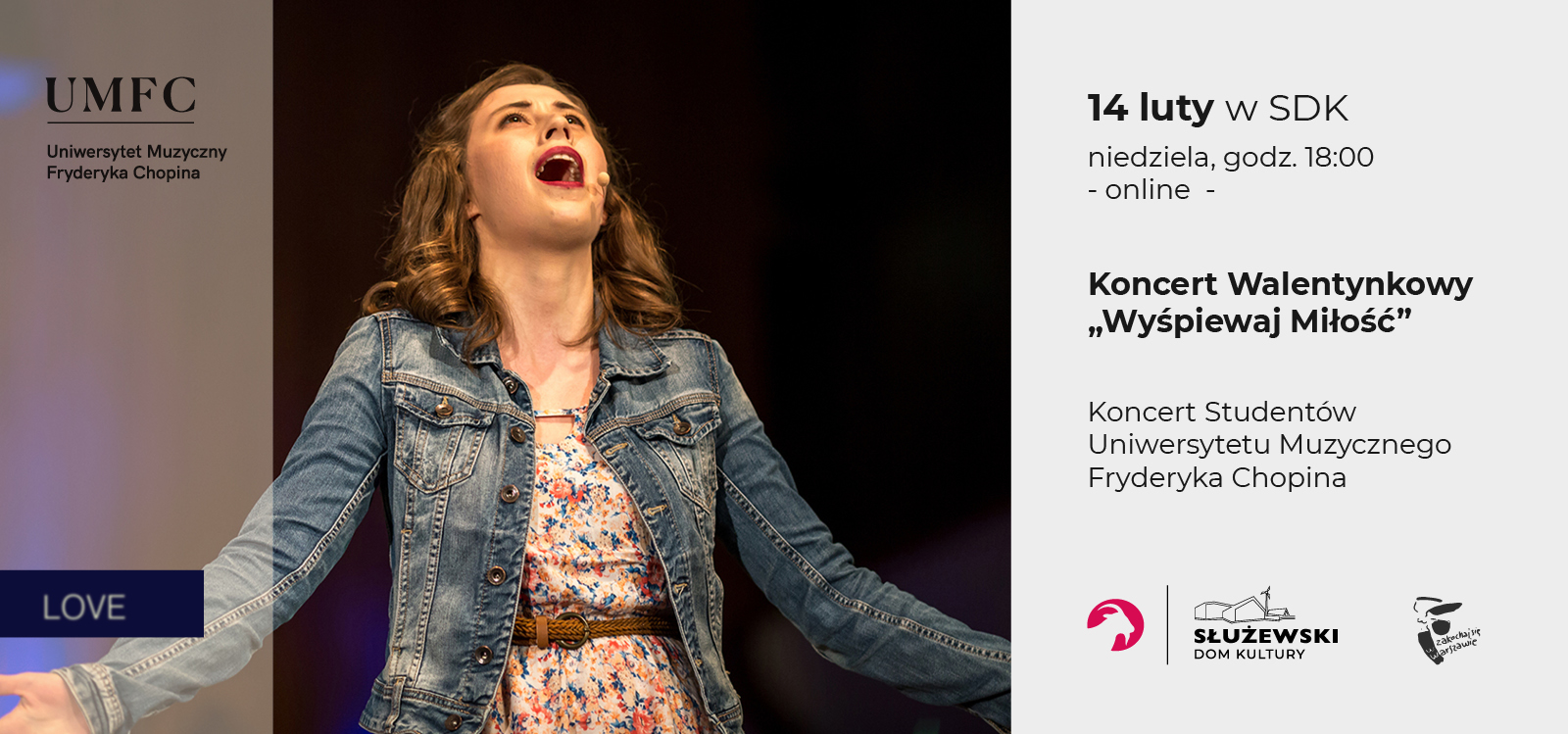 Grafika przedstawia kobietę, śpiewaczkę na scenie, w pozycji ciała wyprostowanej, z rospostartymi ramionami, najwyrażniej śpiewającą głośno oraz tekst zapowiadający. 