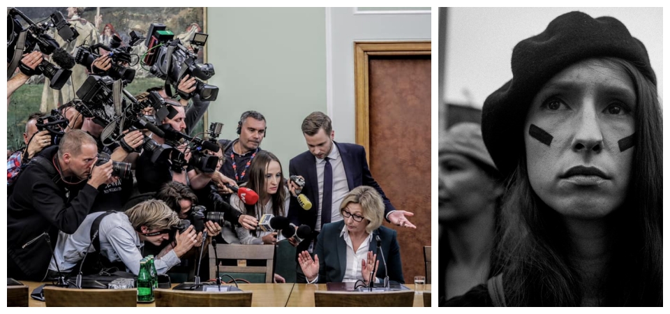 Grafika przedstawia dwa zdjęcia. Pierwsze, kolorowe, reporterskie przedstawia dużą grupę fotografów, ich aparaty skierowane są na kobietę, blondynkę, w średnim wieku, pełniącą funkcję publiczną. Drugie, dokumentalne, czarno-białe przedstawia portret kobiety w średnim wieku, w czarnym berecie, i długimi włosami, o poważnym wyrazie twarzy, na policzkach ma umieszczone dwie czarne, skośne linie. 