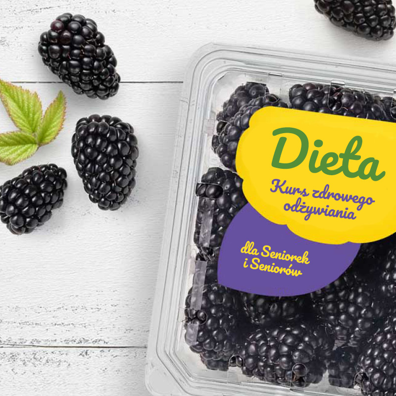 Na grafice opakowanie jerzyn, rozsypujących się po szarej powierzchni drewnianej, na etykiecie opakowania widnieje napis Dieta. Warsztaty kulinarne dla seniorek i seniorów.