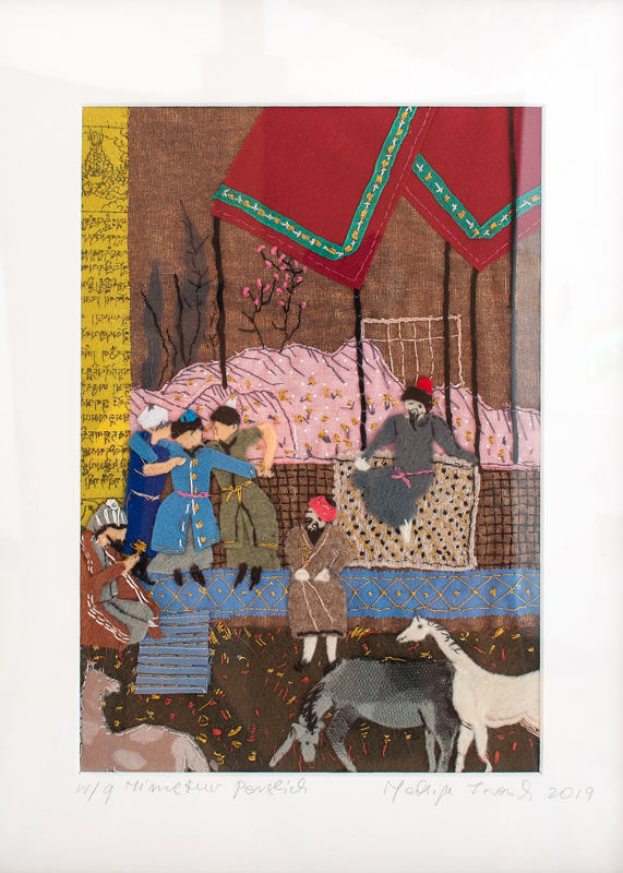 Obraz przedstawia scenkę rodzajową w stylu perskim. Przedstawia 6 postaci męskich w turbanach i długich szatach. Na pierwszym planie zwierzęta - dwa koniki i osiołek.