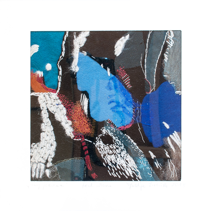 Obraz „3 jeziora” utrzymany w chłodnej gamie błękitów, szarości i bieli, z dominujacą plamą czerwieni, to powrót do płaskiego, planistycznego potraktowania tematu. Jeziora ogladamy z podniebnego lotu ptaka.