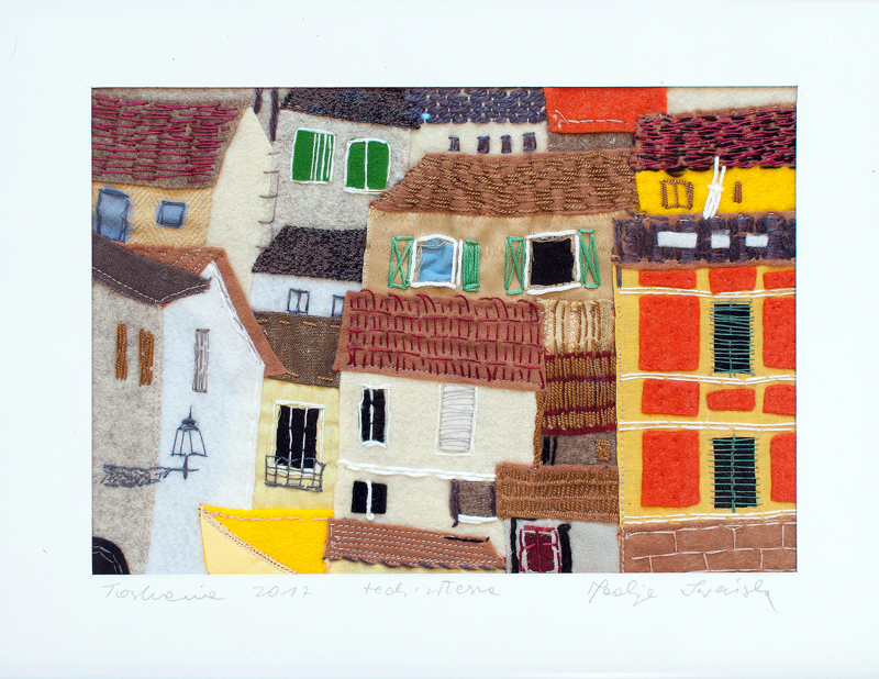 „Toskania”- przedstawia  małe miasteczko o zwartej zabudowie. Patrzymy na jego dachy w ciepłych kolorach brązów, rudości i czerwieni, jak też i na domy o spłowiałałych od słońca, elewacjach. Jednak kamieniczka z prawej strony obrazu lśni czystą i piękną cynobrową czerwienią. 