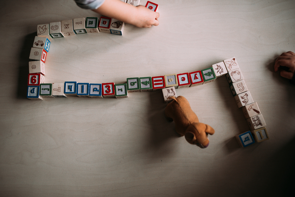 Na zdjęciu widać dwie dłonie i klocki z literkami i zwierzątkami. Koło klocków stoi zabawkowa świnka.