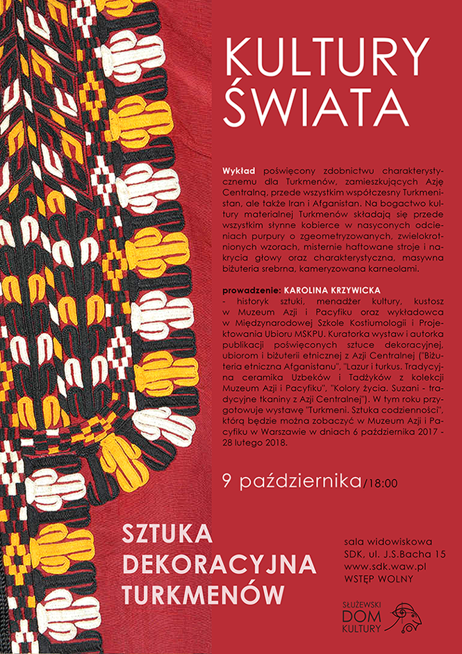 Plakat reklamowy wydarzenia. Na plakacie oprócz informacji tekstowych znajduje się zdobiony materiał.