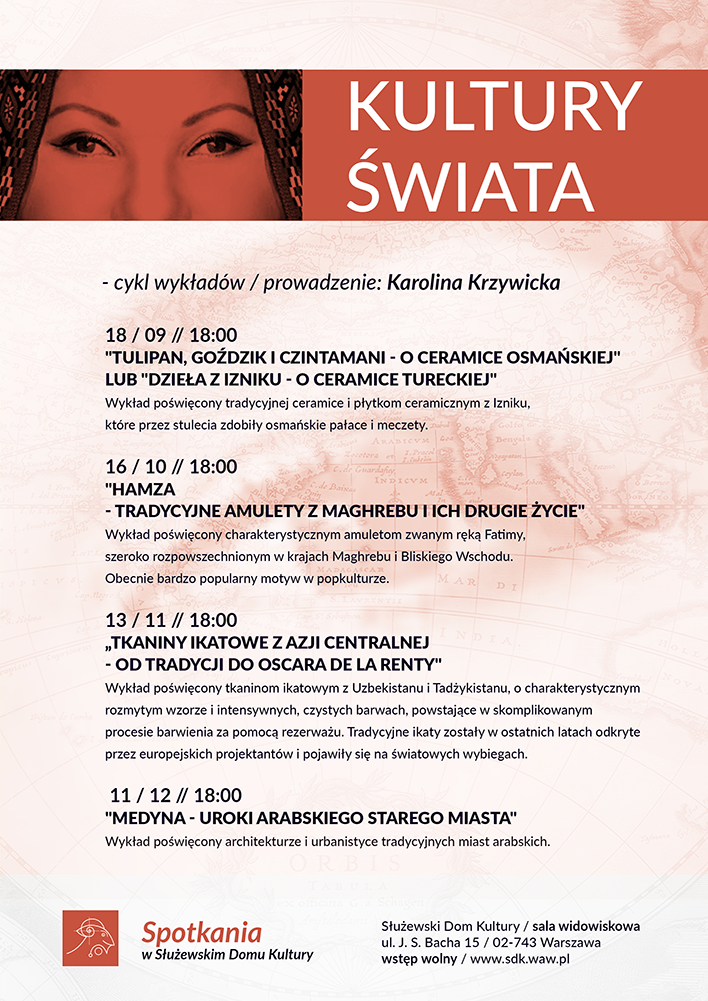 Plakat reklamowy wydarzenia. Na plakacie widoczna twarz kobiety w chuście na głowie. Pod ilustracją zapowiedzi kolejnych spotkań.