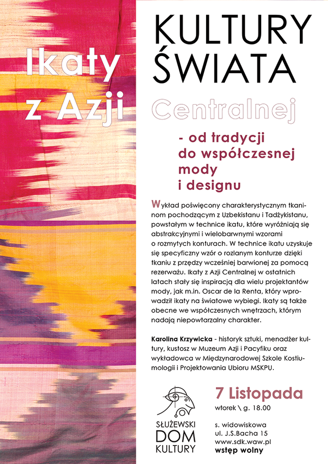 Plakat reklamowy wydarzenia. Na plakacie oprócz informacji tekstowych znajduje się zdjęcie kolorowej tkaniny.