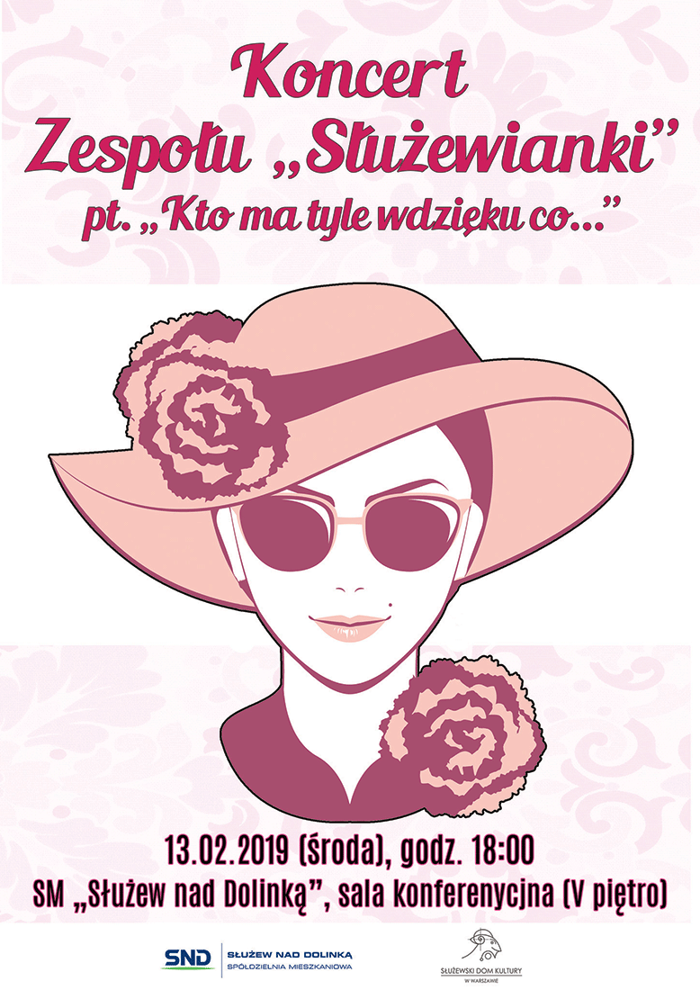 Plakat reklamowy zespołu. Pamiątkowy plakat zapowiadający koncert zespołu. Na grafice ilustracja portretu kobiety oraz podpis "koncert zespołu Służewianki" wraz z danymi koncertu.