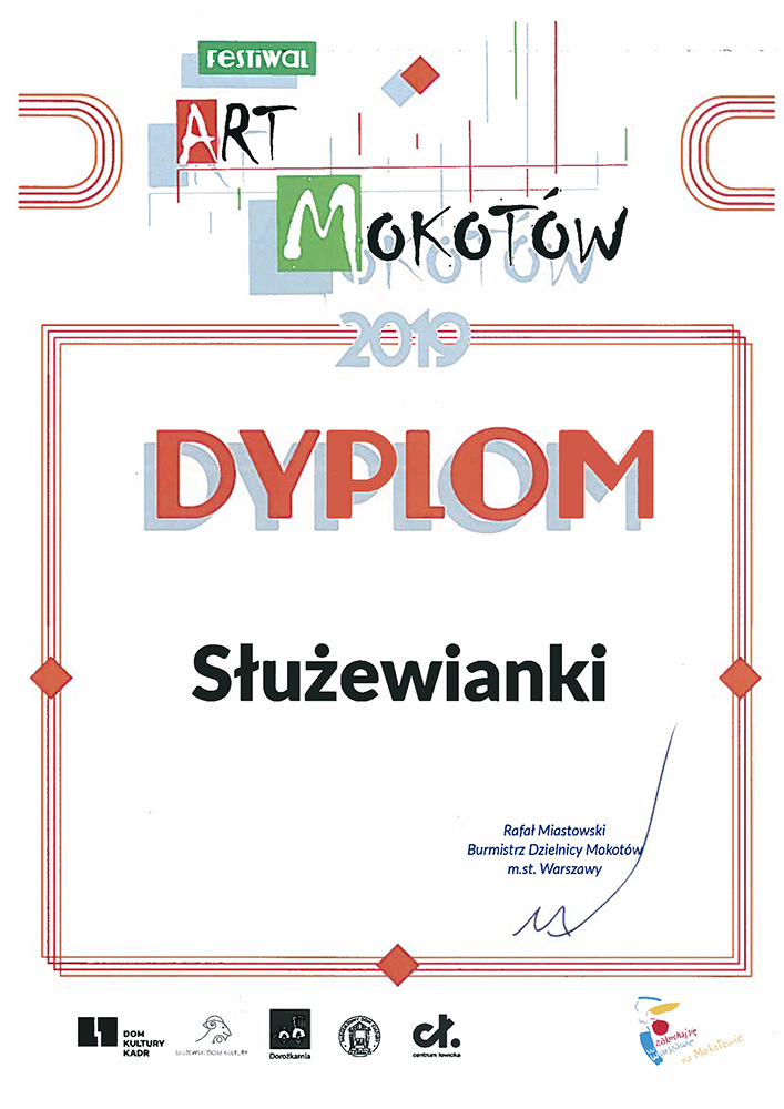 Dyplom dla zespołu Służewianki. Grafika dyplomu dla Służewianek za udział w festiwalu Art Mokotów.