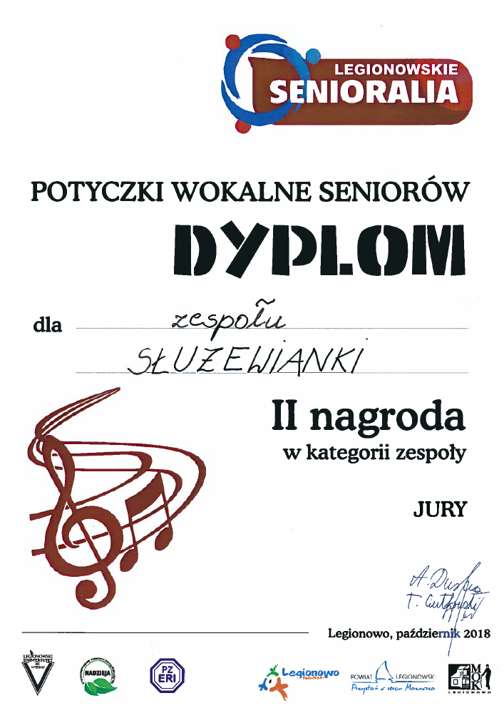 Dyplom drugie miejsce dla Służewianek. Dyplom dla Służewianek za zajęcie drugiego miejsca w Legionowskich Senioraliach.
