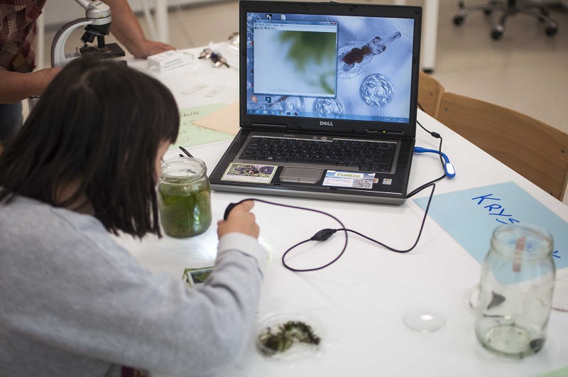 Zbliżenie na prace z mikroskopem podczas warsztatu przyrodniczego. W tle laptop wyświetlający obraz z mikroskopu
