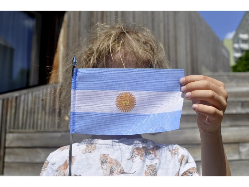 Twarz dziecka zasłonięta flagą Argentyny. W tle budynek SDK.