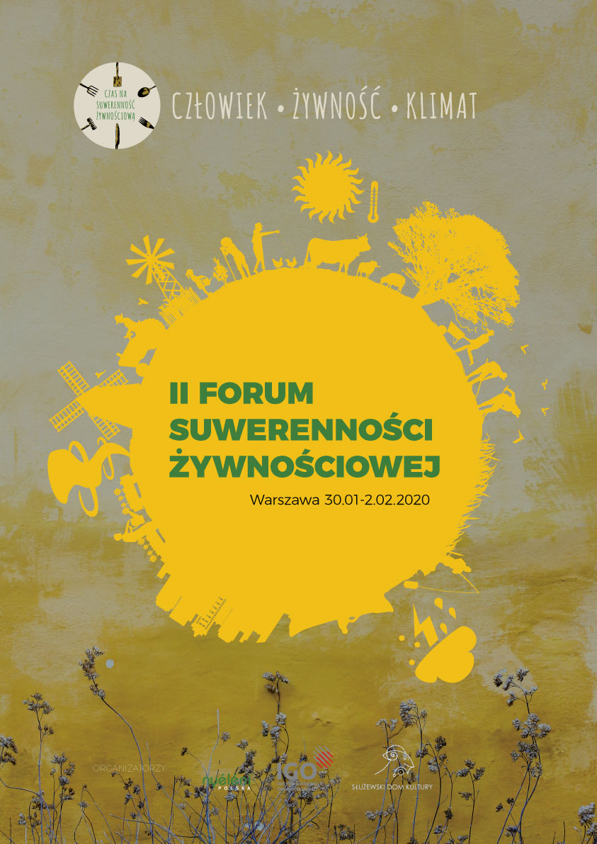 Na grafice znajduje się rysunek żółtej kuli ziemskiej z dorysowanymi symbolami zmian klimatu, równoważonego rolnictwa, ekologii itp. W środku tytuł wydarzenia i data.