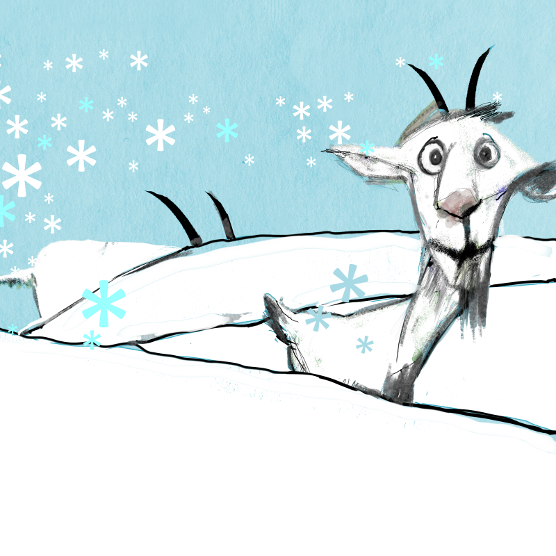 Na grafice rysunkowa koza z bródka. W tle padający śnieg i zimowy klimat.