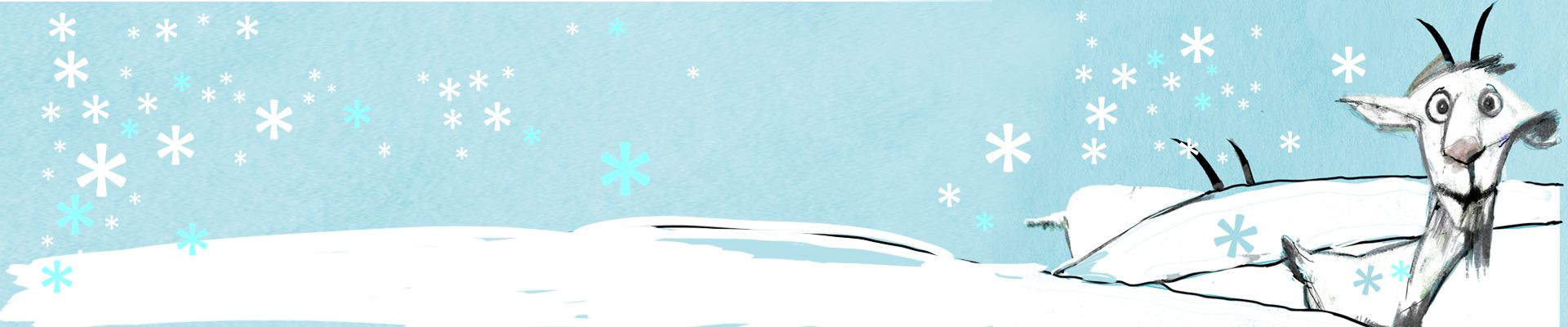 Na grafice rysunkowa koza z bródka. W tle padający śnieg i zimowy klimat.