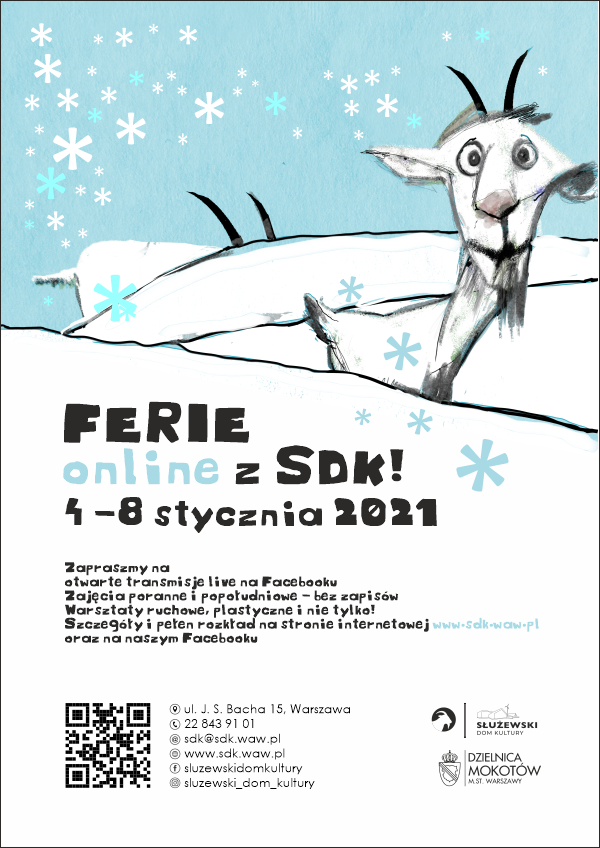 plakat promocyjny wydarzenia Na grafice rysunkowa koza z bródka. W tle padający śnieg i zimowy klimat. W centralnej części plakatu tytuł akcji, opis, logotypy i kod qe z przekierowaniem do strony www SDK.