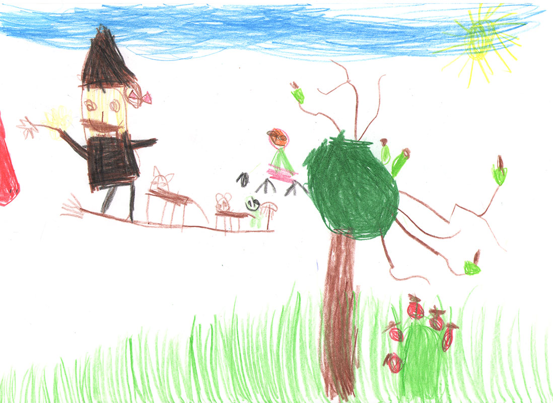 Dziecięcy rysunek, plakat do  do spektaklu.: Baba Jaga i dwa koty na miotle lecący nad trawą i drzewem. Aut.:  Bruno Danieluk