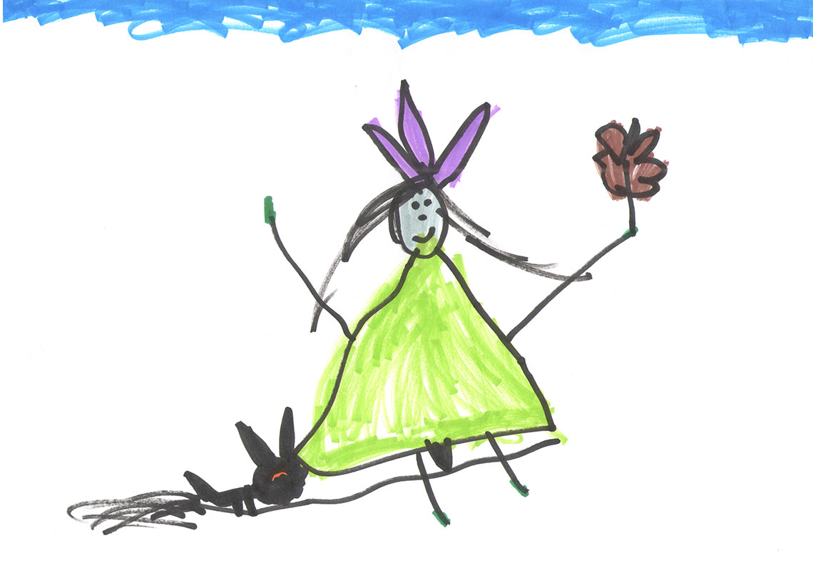 Dziecięcy, infantylny plakat do  do spektaklu.: Baba Jaga i kot na miotle lecący nad drzewami. Aut.: Lena Pływaczewska