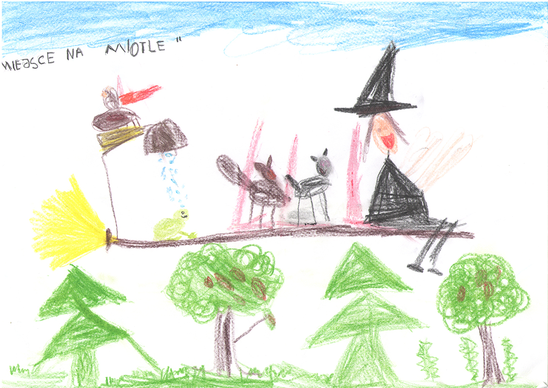 Dziecięcy, infantylny plakat do  do spektaklu.: Baba Jaga i dwa koty na miotle lecący nad drzewami. Aut.: Maja Hejne