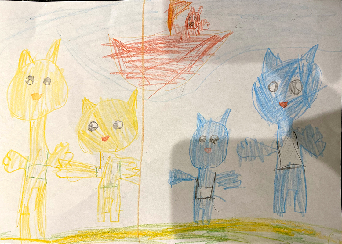 Dziecięcy rysunek, plakat do  do spektaklu.: dwie pary kotów  (duży i mały) stojące na tylnych łapach. Aut.:  Helena Werner