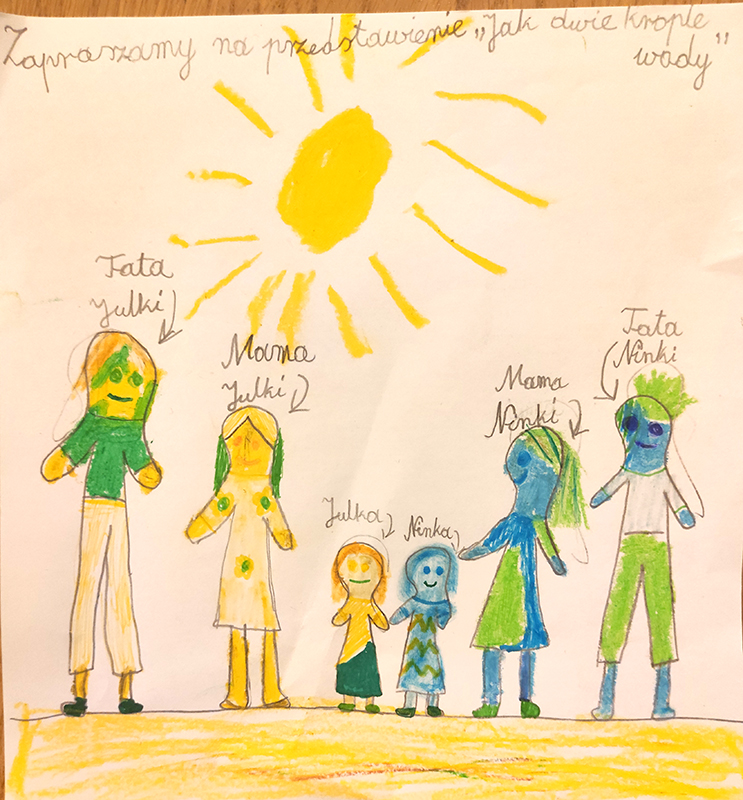 Dziecięcy rysunek, plakat do spektaklu na nim sześć postaci, na nimi duże słońce. Aut.: Zuzia Jurkowaska