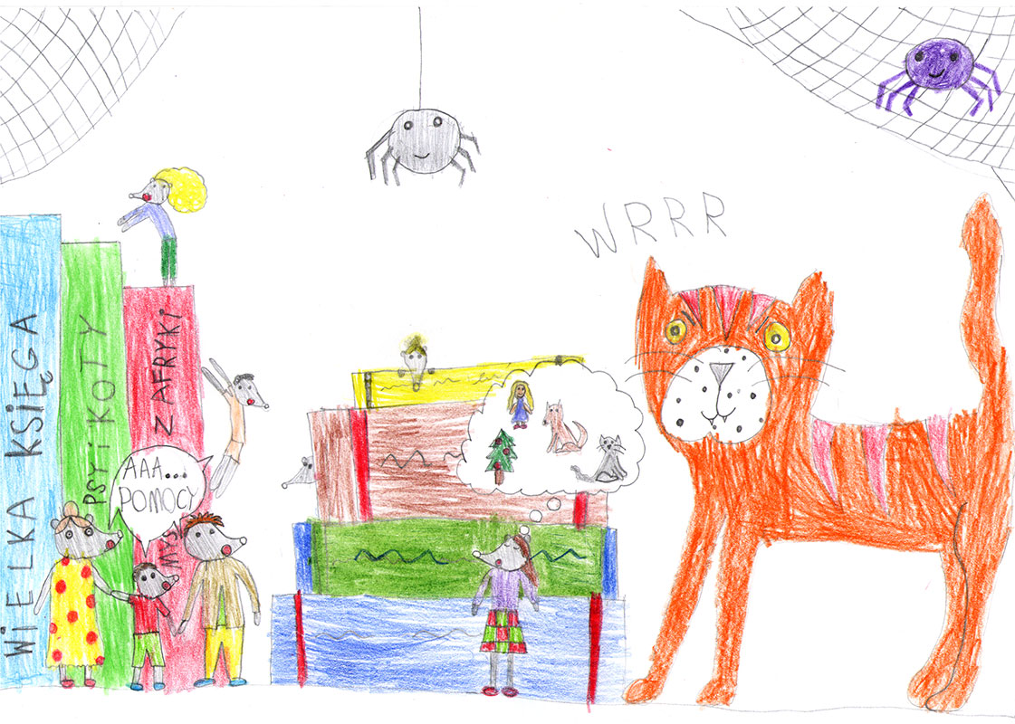 Dziecięcy rysunek, plakat do spektaklu: rodzina myszek między książkami. Po prawej duży tygrys. Nad nimi pajęczyny i dwa pająki. Aut.: Pola Danieluk