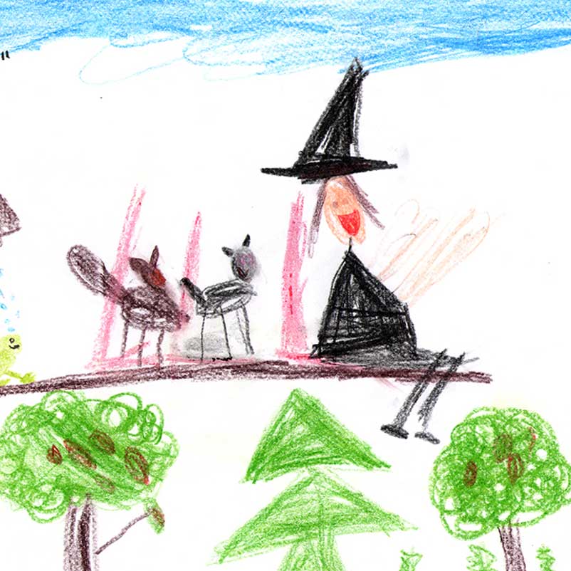 Dziecięcy infantylny rysunek do spektaklu. Autorka: Maja Hejne.- czarownica i dwa koty na miotle.