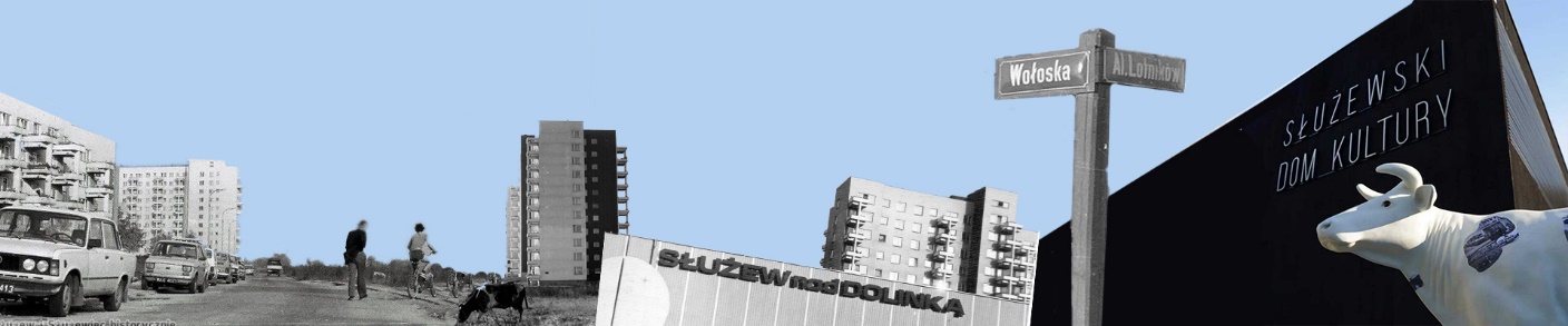 Grafika. na górze fragment bloku mieszkalnego i napis: Osiedlowa Krowa - (służew)ieckie historie. Centralnie: rysunek krowy, dużą głowa krowy, jej ciało to rysunek wielu symboli  Służewa.