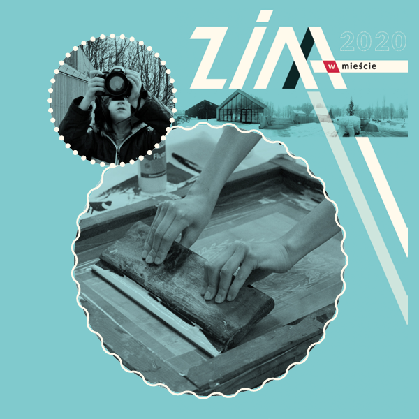 Obrazek w kolorze chłodnego niebieskiego przedstawia pomniejszone obrazki w odcieniach szarości, na których uczestnicy warsztatów plastycznych wykonują swoje prace. U góry logo akcji zima w mieście oraz rok edycji.