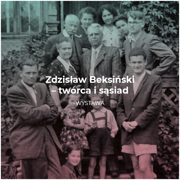 grafika przestawia portret rodziny Beksińskich na tle rodzinnego domu w Sanoku.