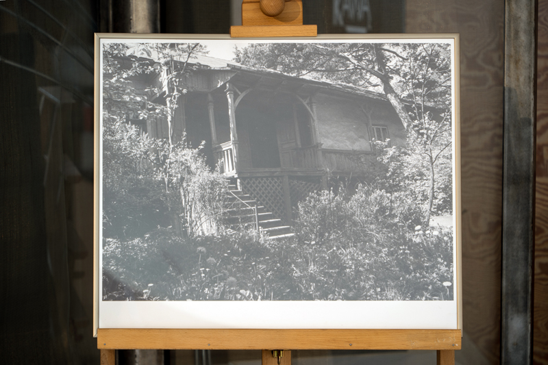 Zdjęcie rodzinnego domu Artysty w Sanoku; widok od strony ogrodu - okolica zarośnięta przez bujną roślinność.