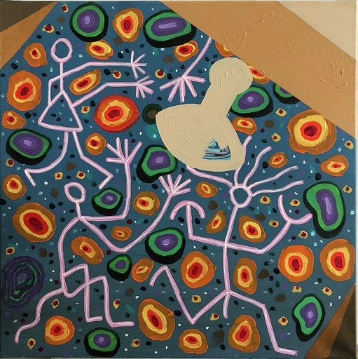 Na zdjęciu fragment obrazu artysty. Na geometrycznych czworobokach w tle namalowane syntetyczne formy postaci. Postacie namalowane kreską na podobieństwo ludzika z zapałek. Obraz wielobarwny, dominuje kolor szaroniebieski w tle oraz czerwień, pomarańcz i żółć w kształtach geometrycznych