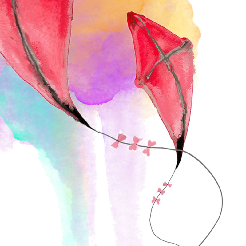 Akwarela przedstawiająca dwa czerwone latawce