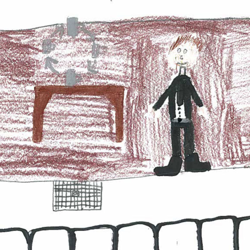 Plakat do spektaklu narysowany przez Julka. Na nim postać i stół.