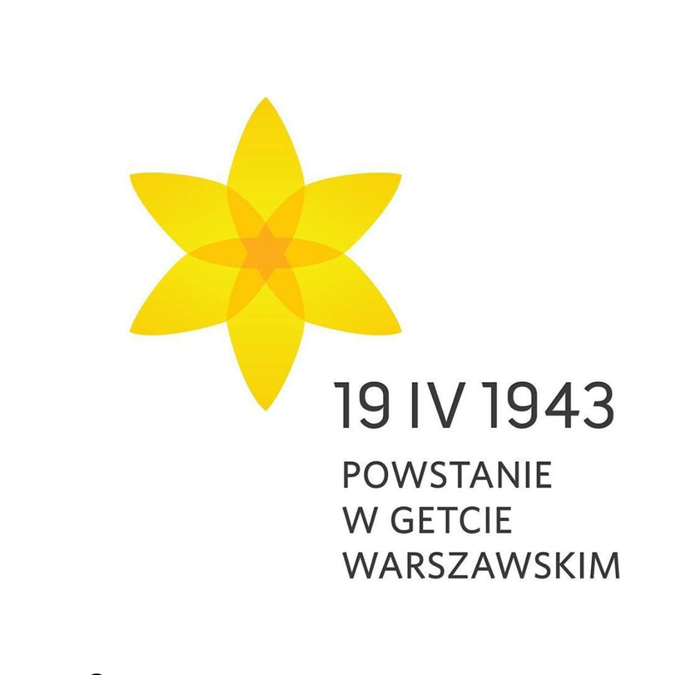 Na obrazku logo akcji "Żonkile"- schematyczny kwiatek z sześcioma płatkami oraz data powstania w Getcie Warszawskim.
