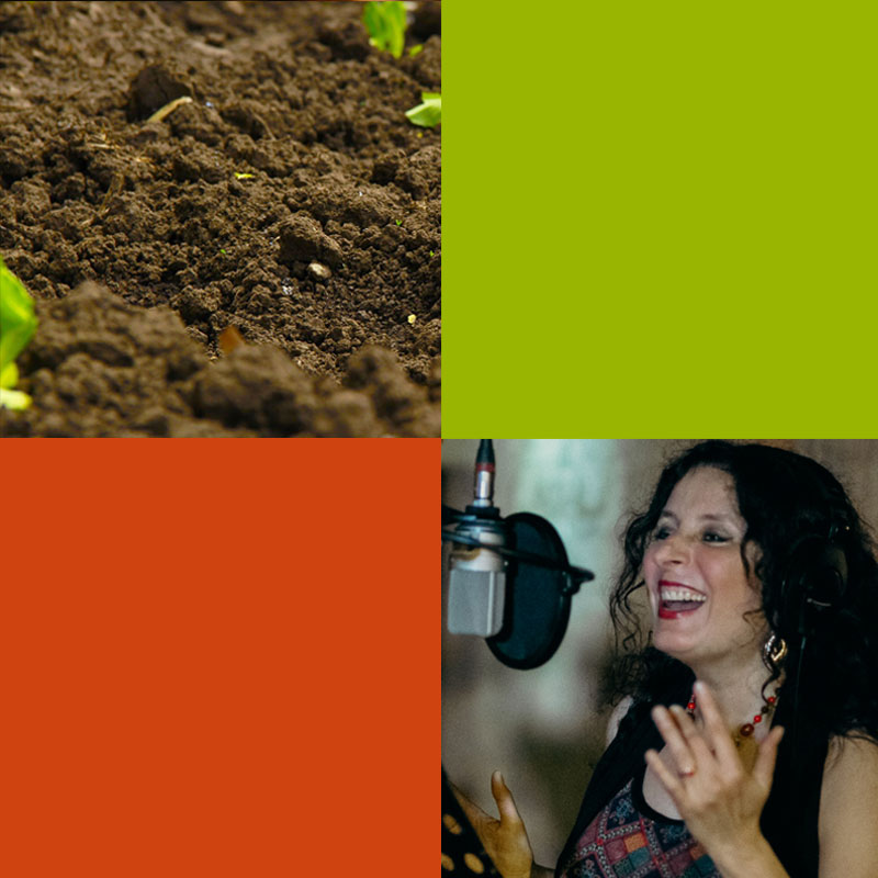 Obrazek podzielony na 4 mniejsze równe kwadraty. Dwa z nich wypełnione jednolitym, w dwóch pozostałych: zdjęcie gleby w zbliżeniu oraz zdjęcie Anny Riveiro przy mikrofonie.