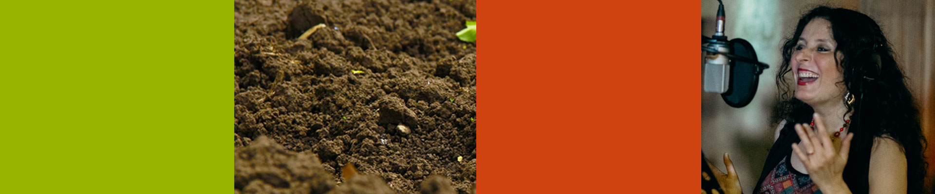 Obrazek podzielony na 4 części. Dwie z nich wypełnione jednolitym, w dwóch pozostałych: zdjęcie gleby w zbliżeniu oraz zdjęcie Anny Riveiro przy mikrofonie.