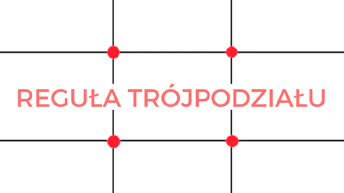 Infografika pokazująca regułę trójpodziału. Dwie linie poziome oraz dwie pionowe, dzielą obraz na 6 kwadratów. W środkowej części kadru, połączenia linii oznaczone zostały czerwonymi kropkami.