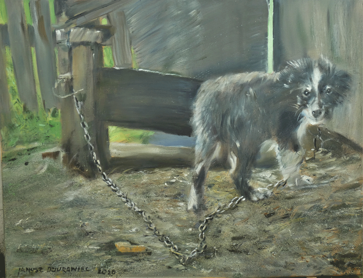 Zdjęcie obrazu artysty. Na obrazie widoczny malutki piesek przy budzie na łańcuchu. 